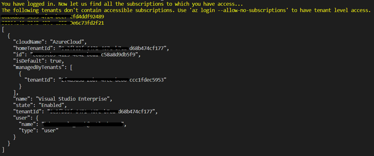 az login output