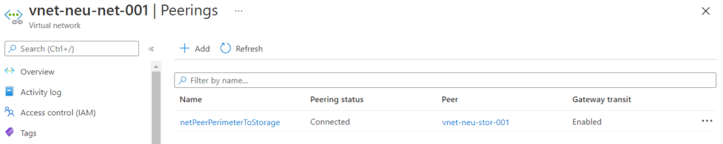 Showing how a peered connection looks from the networking vnet